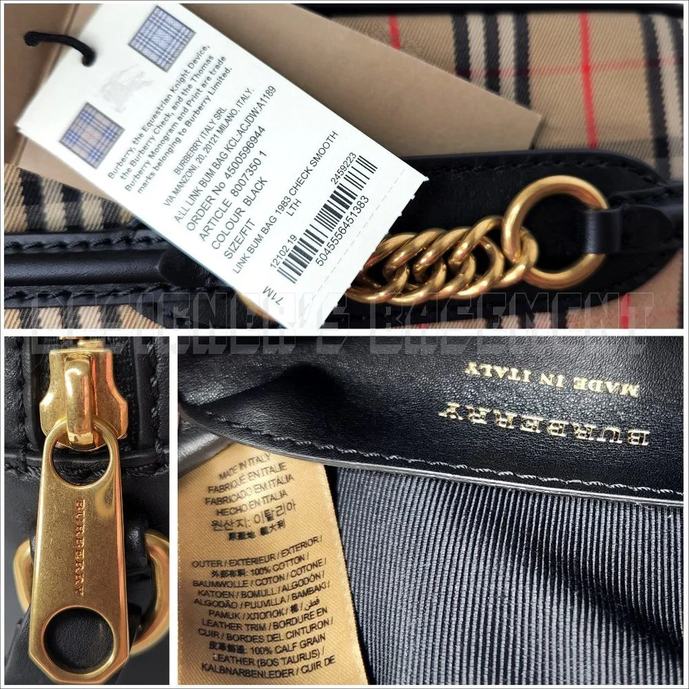 BURBERRY black leather LINK 1983 beige canvas Equestrian Knight Check Belt Bag - Picture 3 of 12